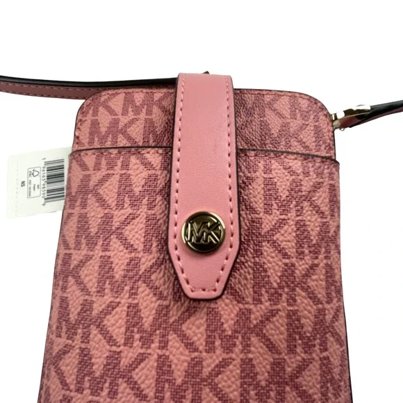 NWT Michael Kors Women Jet Set Travel Phone Crossbody Pink MK Logo Canvas Travel - Picture 3 of 8